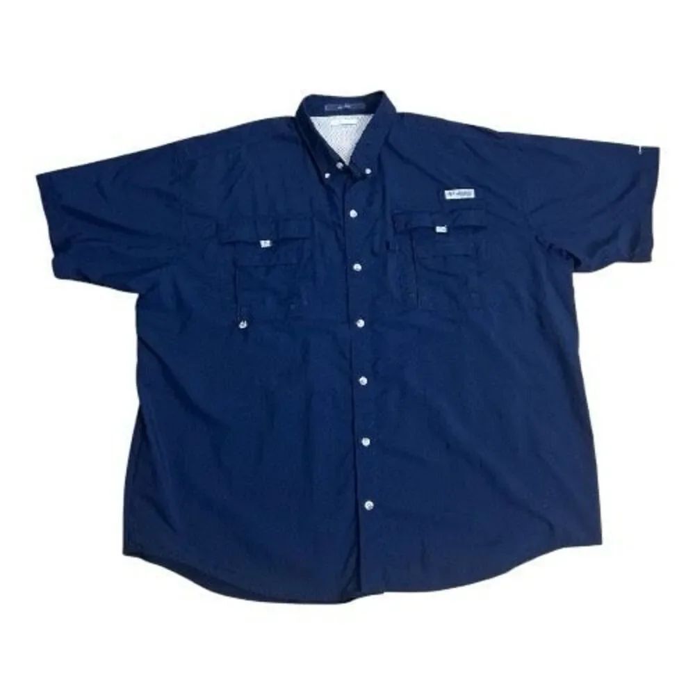 Columbia PFG Bahama II Short Sleeve Navy Blue Men Shirt Size XXL/2TG Omni-Shade